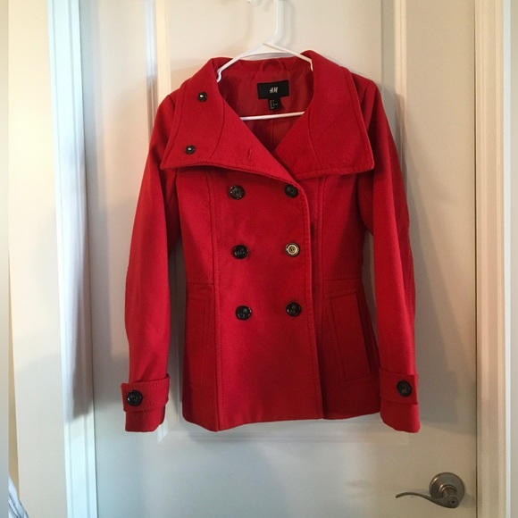 H&M Red Pea Coat with Classic Collar and Long Sleeves - Picture 1 of 7